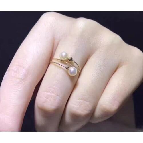 18K import Solid Yellow Gold Jewelry(AU750) Women Single Grain AkoyaPeas Weaving Lace ring ChainElastic Seawater Pearl Lady