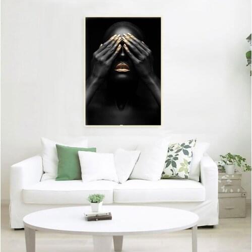 Black Hand and Gold Lip Woman Oil Painting on Canvas Cuadros Posters and Prints African Wall Art Picture for Living Room