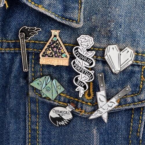 Enamel Pin Origami game Heart coffin Science chemical Cobweb Matches Rose Knife Brooch and Pin Cartoon Lapel Pin Button Badges