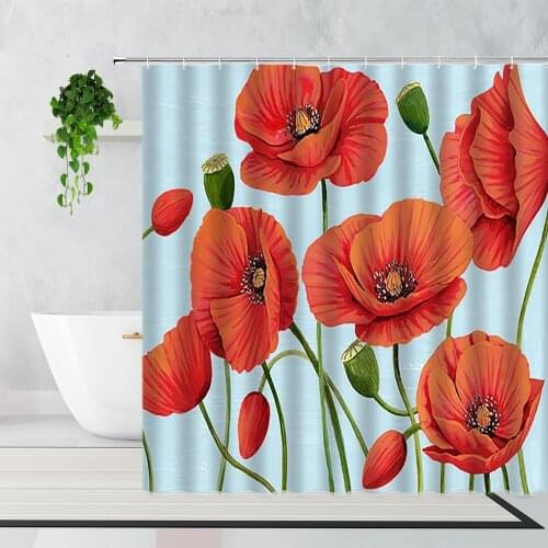 Beautiful Poppy Flowers Shower Curtain Red Plant Butterfly Flower Home Decoration Background Waterproof Bath Curtains With Hooks
