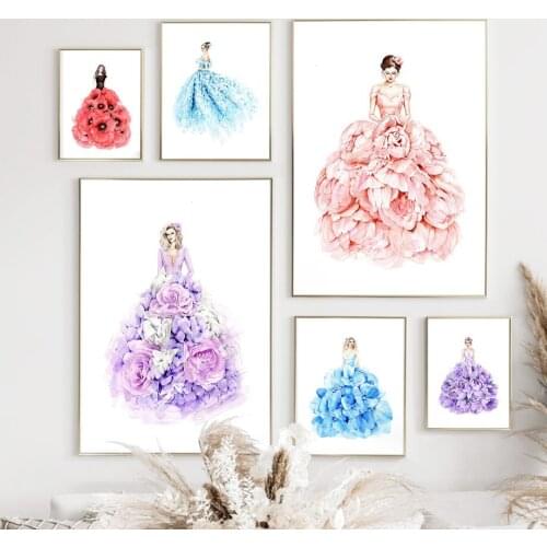 Pretty Flower Evening Dress Paris Model Girl Wall Art Canvas Painting Nordic Posters And Prints Wall Pictures For Living Room