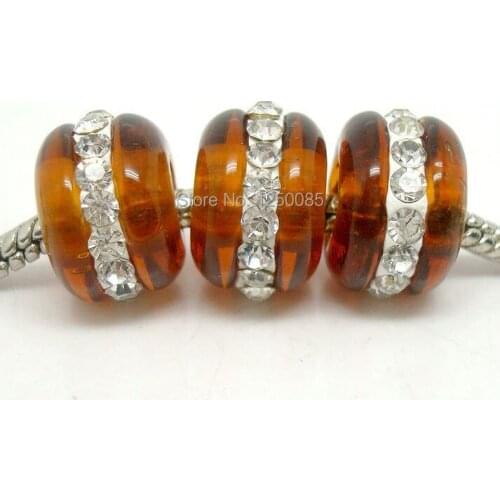 20PCS/lot Brown color Beautiful European Clear Rhinestone Lampwork Glass Beads fit Charms Bracelet&Necklace14x9mm