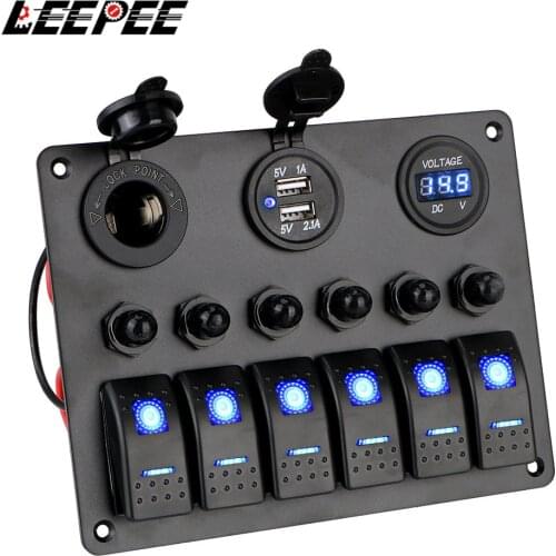 LEEPEE DC 12V/24V 6 Gang Rocker Switch Panel Car Marine Circuit LED Breaker Digital Voltmeter Aluminum Panel Dual USB Ports