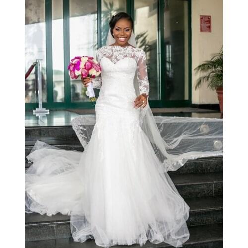 Top Sale Lace Long Sleeves African Wedding Dresses Court Train Lace Appliques Sheer Mermaid Bridal Dress