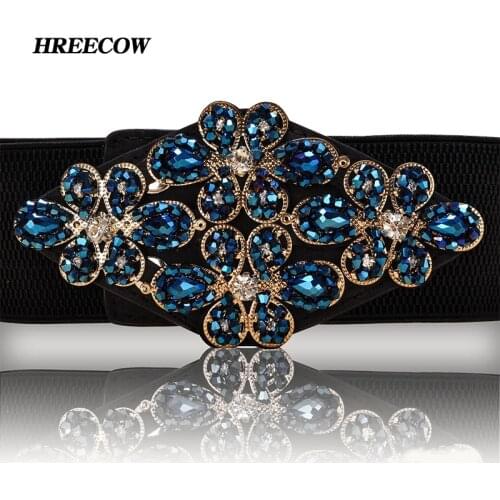 Fashion female Artificial crystal Wide Elastic Waist Belt for women Ladies Dress Waistband Cummerbund Accessories Black