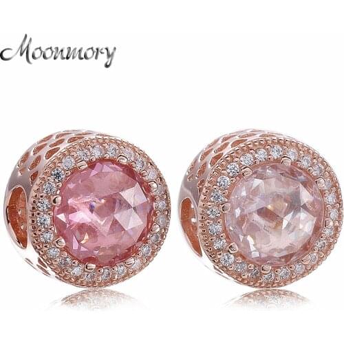 Moonmory Rose Blush Pink Radiant Hearts Charm 925 Sterling Silver Charm With Zircon Bead Fit DIY Charm Bracelet Jewelry Making