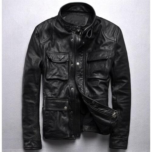 Men Genuine Leather jacket Cowhide Locomotive Clothing Zipper Stand collar Slim fit Black Youth Winter Coat