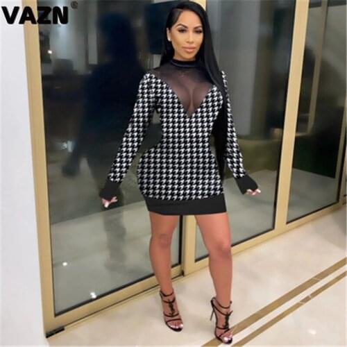 VAZN New 2020 Elegant Black Color Office Lady Dress O-neck Vintage Shinny Bandage Dress Full Sleeve Sheath Dresses