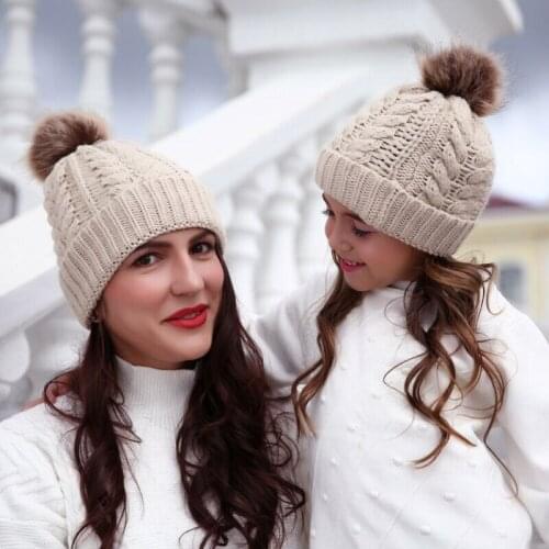 New Mom Girl Matching Hats Knitted Wool Pompom Hat Women Girl Winter Beanies Family Matching Faux Fur Ball Crochet Knitting Hats