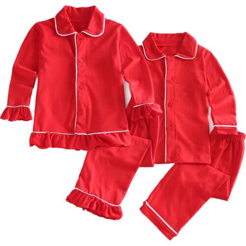 Christmas Classic Kids clothing soft cotton solid cute red pajamas winter with ruffle girl kids full sleeve pyjamas sleepwear