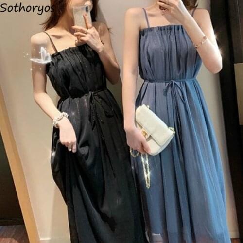 Dress Women Chiffon Patchwork Mesh Spaghetti Strap Fashion Sweet Korean Style Chic Streetwear Womens Dresses Ankle-length Sexy
