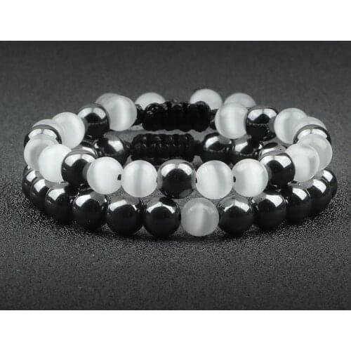 2PCS/Set Braided Couple Bracelet Opal Cat Eye Stone Hematite Beaded Bracelets Bangles for Men Women Best Friend Jewelry Pulsera