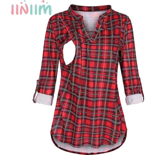 Pregnant Women Clothes V Neck Plaid Female Shirt Long Sleeve Nursing Tops Cotton Maternity Breastfeeding Blouses Tops Clothes