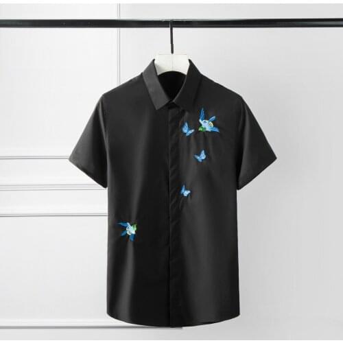 Mens Luxury Blue Butterfly And Bird Embroidery Short Sleeve Men Solid Color Slim Man Shirts Plus Size 4XL