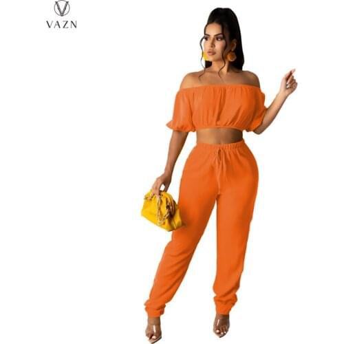 VAZN 2021 Top Quality Sexy Young Sweet Solid Strapless Short Sleeve Free Fashion Long pants Women 2 Piece Set