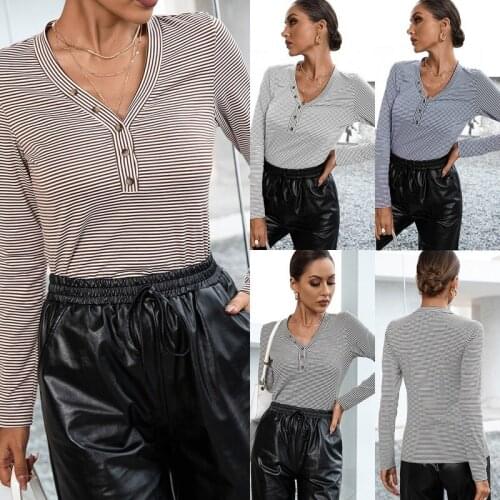 2021 Stripe Shirts for Women V Neck Long Sleeve Single Breasted Knit Slim Fit T-Shirt Fashion Top Streetwear T Shirts