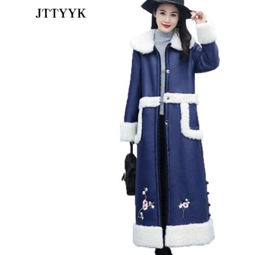 Women Winter Leather Jacket Slim Fur Coats Lambswool Long Coat Embroidery Plus Size Thicker Warm Parka Trench Manteau Femme Hive