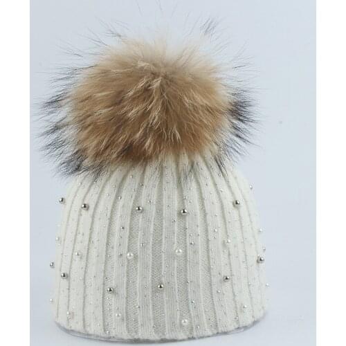 Beanie Women Winter Knit Hat Angora Warm Pearl Rhinestone Real Raccoon Pom Pom Headwear Autumn Outdoor Skiing Snow Accessory