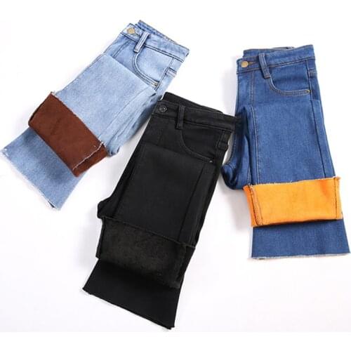 High Waist Fleece Jeans Women 2020 Winter Warm Stretch Denim Trousers Black Thicken Flare Pants Hot Bootcut Plus Size P9615