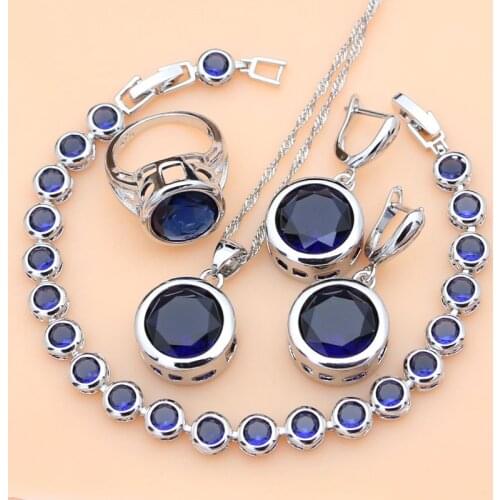Bride Luxury 925 Silver Jewelry Sets Blue Sapphire for Women Drop Stones Earrings Rings Bracelet Necklace Set Dropshipping