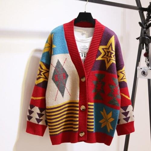 Jacquard Color Matching Fashion Stitching Sweater Women Loose Single-breasted Knitted Cardigan Sweater Female Spring Autumn