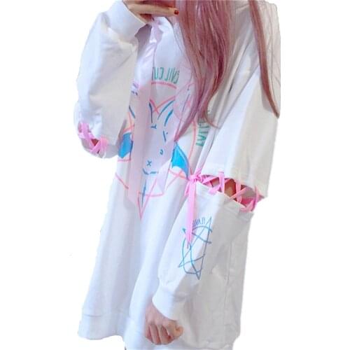 Harajuku Lolita Style Women Sweatshirt Rabbit Pentacle Print Lace Up Sleeves Hoodies Casual Loose Oversized Long Pullocer Top