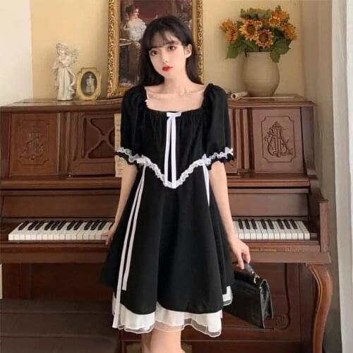 Dark Loliata Lady Lace Patchwork Bow Contrast Color Streetwear Mini Dresse Women Black Gothic Square Collar Empire Dress 2021