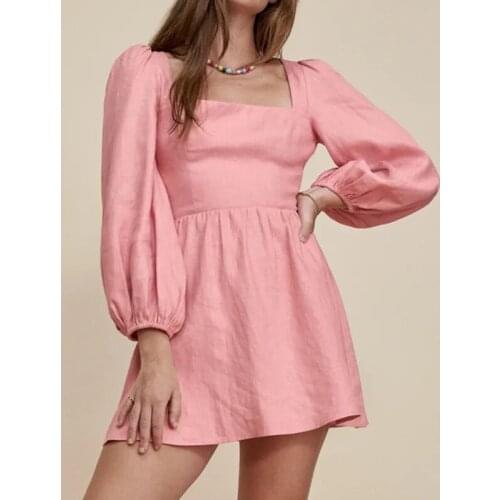 Women Long Puff Sleeves Brodie Linen Dress Princess Mini Dress