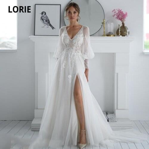 LORIE Vintage Wedding Dresses with Puff Sleeves V-Neck Appliques Tulle Lace High Side Split Bride Gown vestido de novia playero