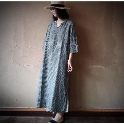 Women Loose Plaid Linen Dress Ladies Vintage Embroidered Plaid Flax Dresses Female 2020 Summer Autumn Plus Size Dresses