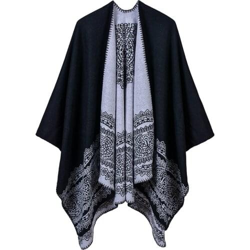 Winter Imitation Cashmere Scarf Warm Poncho and Cape Women Cloak Print Shawl Pashmina National Wind Fork Cloaks Wraps Mujer 2021