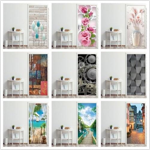 2020 Creative Art Door Poster Vinyl Pink Rose Flower Seascape Black Geometry Wood Door Wall Paper Home Decor Self Adhesive Mural