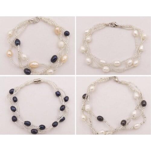 3 ROWS 5mmX7mm Real Drop Rice Pearl Beads Handmade Bracelet 7" Long Choose Color White Black Pink
