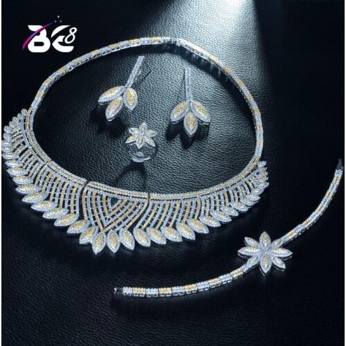 Be 8 Trendy Luxury AAA CZ Bride Jewelry Set Leaf Shape 2 Tones African Necklace Earring Set for Women Wedding Jewelry S252