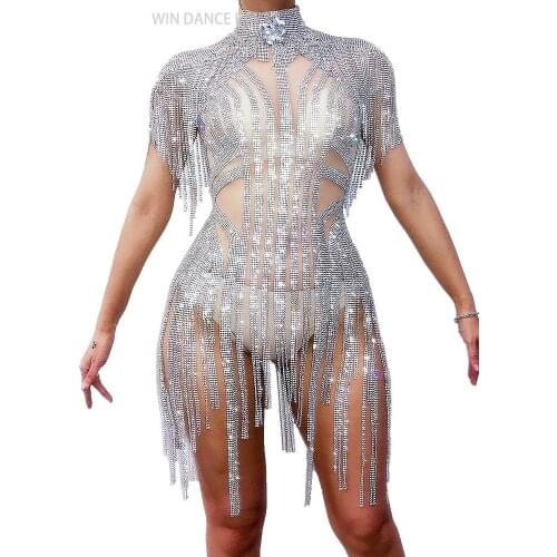 Glisten Silver Rhinestones Tassel Perspective Bodysuit Nightclub Women Dance Sexy Prom Party Show One-piece Stage Wear