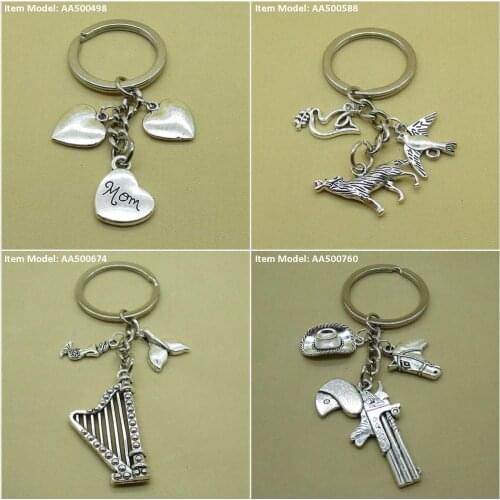 Keychain Keyring Mom Drop Heart Love Dog Wolfhound Wolf Swallow Pigeon Bird Peace Harp Irish Mermaid Tail Whale Fish Pistol Gun