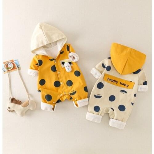 Infant Spring New One-Piece One-Piece Newborn Korean Double Long Sleeve Romper Polka Dot Hooded Baby Romper