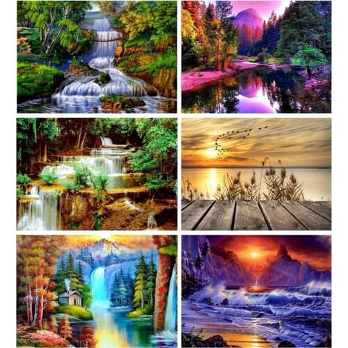 DIY Scenery 5D Diamond Painting Waterfall Diamond Embroidery Sunset Cross Stitch Full Round Drill Mosaic Art Home Decor Gift