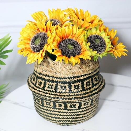 1PC Storage Basket Foldable Handmade Folding Wicker Baskets Weaving Chrysanthemum Plaids Pattern Storing Cosmetics Dirty Clothes