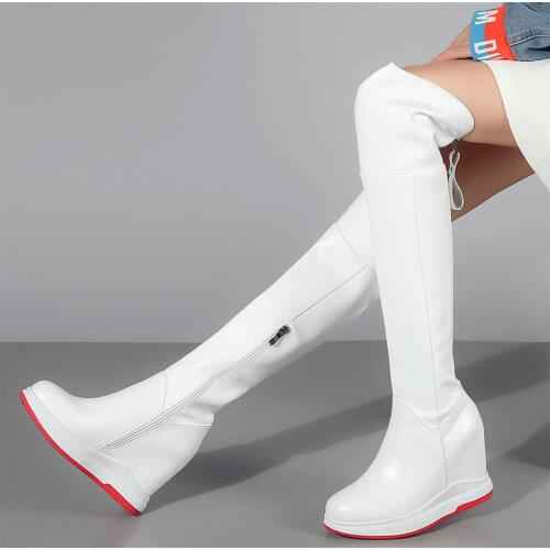 2021 Wedges Fashion Sneakers Women Genuine Leather High Heel Knee High Boots Female Winter Warm Round Toe Platform Pumps Shoes