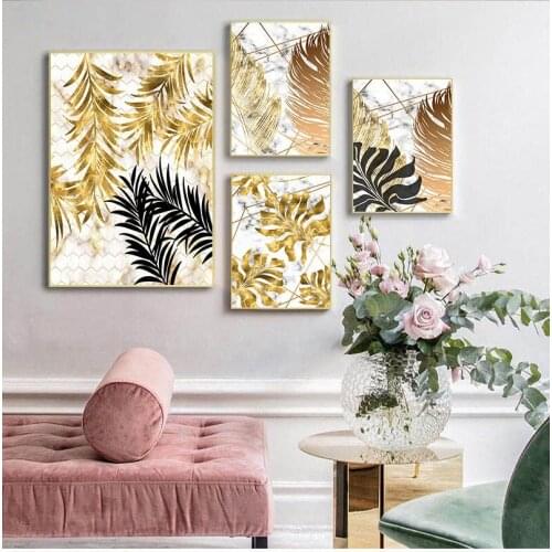 Nordic plants Golden leaf canvas painting posters and print wall art pictures for living room bedroom dinning room modern decor