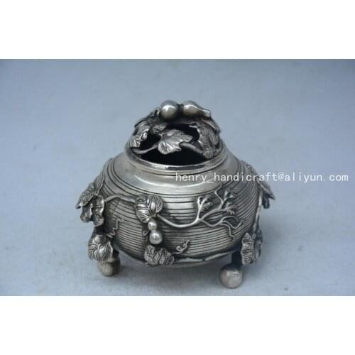 Rare Qing Dynasty silver flower censer statue,Decoration,Free shipping