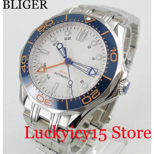 Luxury BLIGER Stainless Steel Mechanical Watch Men Wristwatch Sapphire Crystal White Dial Mental Bracelet GMT Function