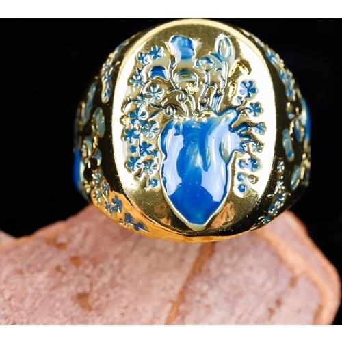 Vintage Mens Ring Gold Plated Ink Enamel Vase Flower Ring Simple Design Engraved Signet Rings for Women Punk Party Jewelry Gift