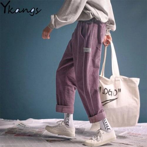 Vintage Purple Solid Corduroy Loose Straight Wide Leg Pants Women Jogger Harem Sweatpant Korean Casual cargo trousers Streetwear