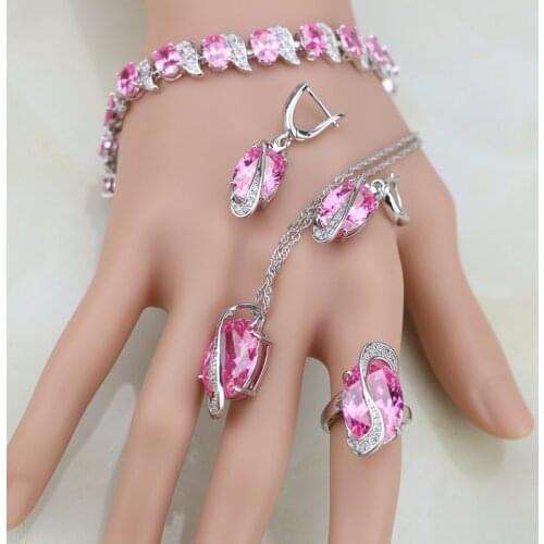 Oval Pink Cubic Zirconia White CZ 925 Silver Jewelry Sets For Women Wedding Earring/Pendant/Necklace/Bracelet/Ring