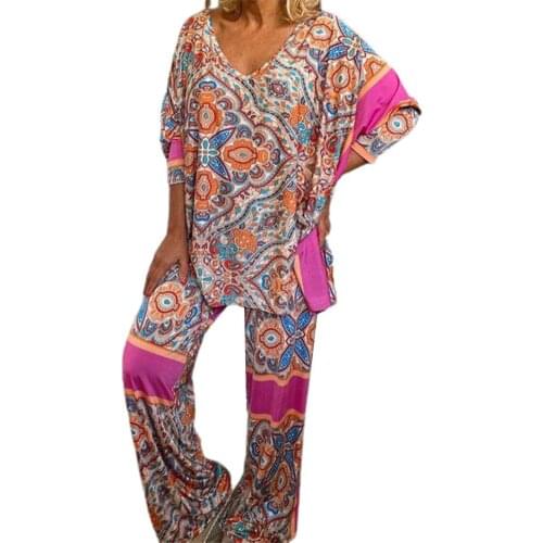 Autumn Loose Women Pajama Sets Top Pants Outfits Vintage Suit Half Sleeve V-neck Print Top Straight Pants Suit