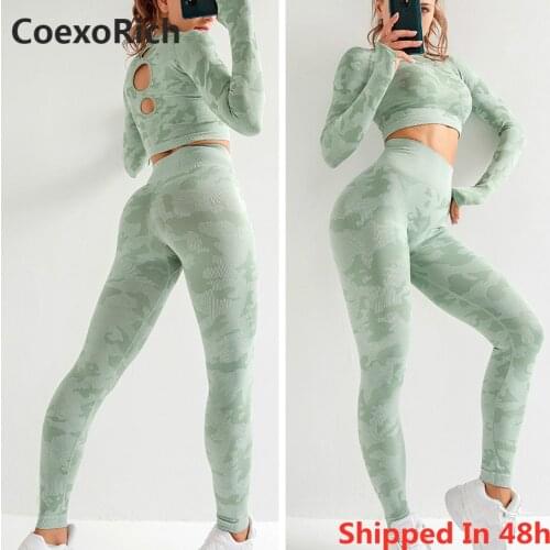 Women Sport Workout Sports Suit 2 Piece Camo Seamless Yoga Set Fitness Crop Tank Top Long Sleeve Shirt High Waist Gym Leggings
