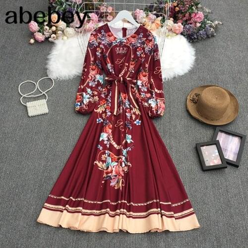 2021 New Summer Women Retro All-match O-neck long sleeve Dress lace hook flower waist slim print Dress