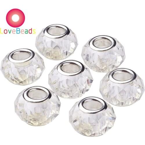 10Pcs White Clear Color Big Hole Silver Plated Faceted Glass Beads Murano Lampwork European Charm Spacers Fit Pandora Bracelet